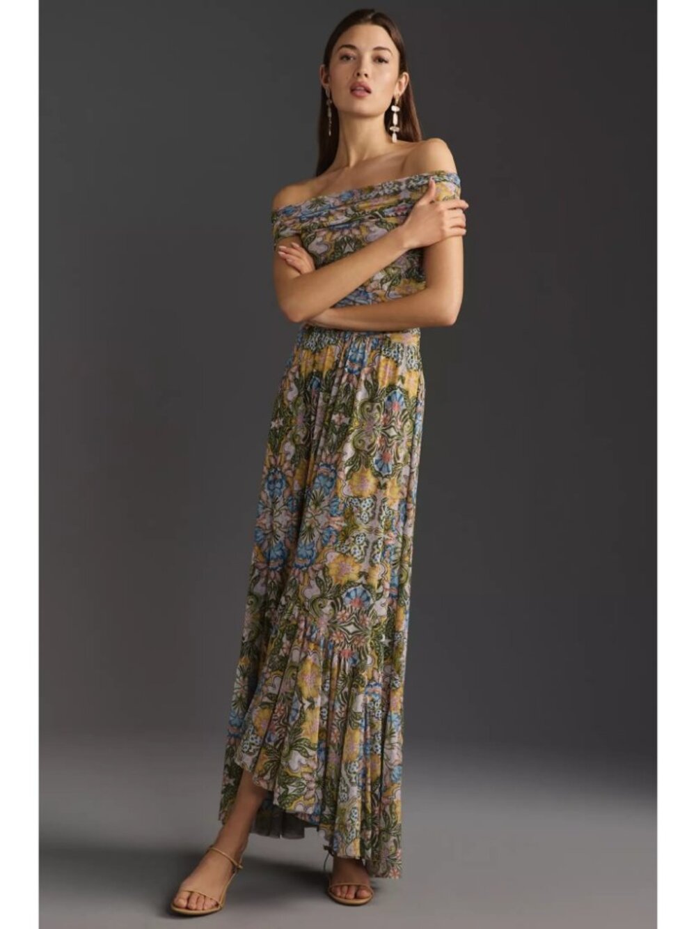 Anthropologie MISA Fiorella Off-The-Shoulder Maxi Dress High Low Boho Size M